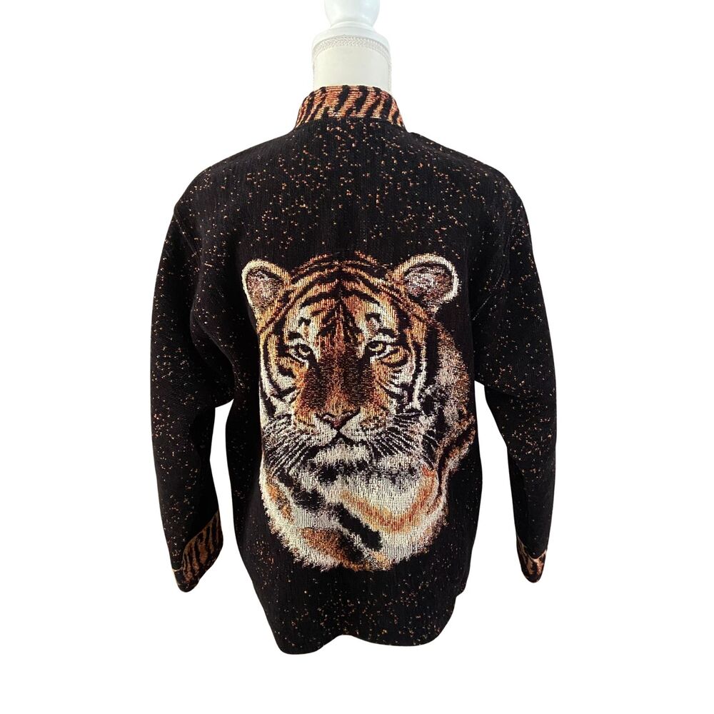 Rare VTG Sugar Street Weavers Tiger Tapestry Grannycore Cardigan Sweater